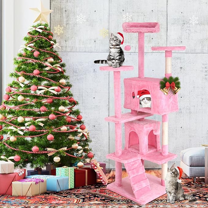 Heavy Duty Cat Tree Tower, 70" Tall Cat Tower for Indoor Cats with Cat Scratching Post with Bed, Cat Condo, Hanging Ball, Multi-Level Cat Climbing Tower Cat Trees Furniture Activity Center, Pink