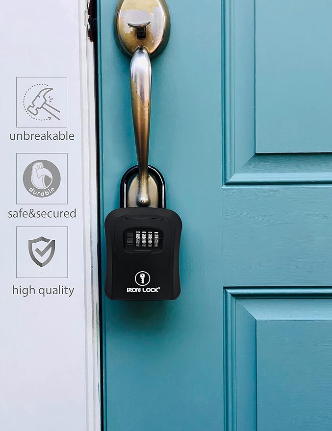 Iron Lock® Key Lock Box Portable with U-Shackle & Wall Mount – Medium Waterproof Heavy-Duty Metal Safe with 4-Digit Combination for Spare Keys Outside on Door Knob, Fence or Gate (Black, Medium)