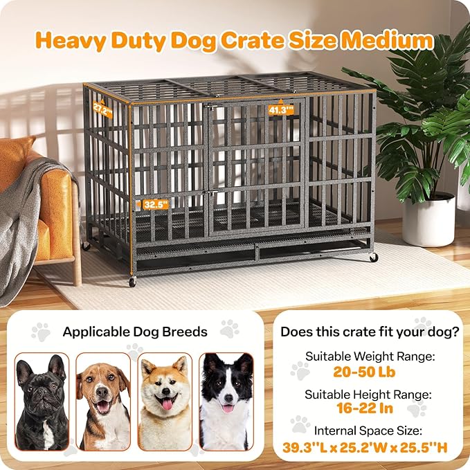 42 Inch Heavy Duty Dog Crate, Indestructible Escape-Proof Dog Kennel for High Anxiety Large Dogs, Strong Metal Pet Cage with Double Doors, Lockable Wheels & Removable Tray, XL XXL XXXL
