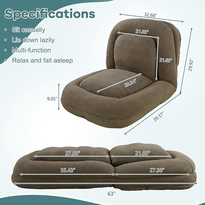 Human Dog Bed for Adults & Pets, 5-Position Adjustable Floor Chair, Convertible Lazy Sofa Bed with Metal Frame & 2 Pillows, Plush Gaming Lounge for Living Room Bedroom Office (Taupe)