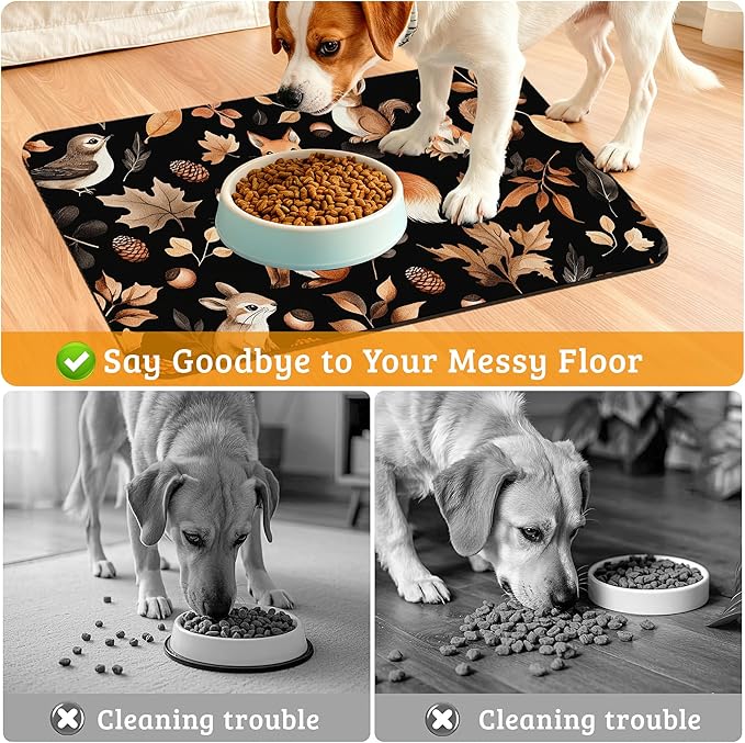 Cute Squirrel Dog Cat Food Mat,Bird Fox Absorbent Waterproof Placemat for Food and Water Non Slip Rubber Backing Durable Feeding Pad for Clean Floors 16" x 24"