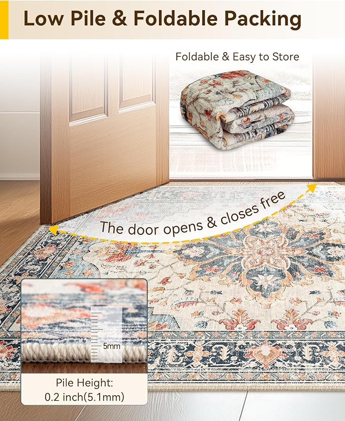 RELEANY Area Rugs Runner 2'6"x14' Washable Non-Slip, Floral Vintage Distress