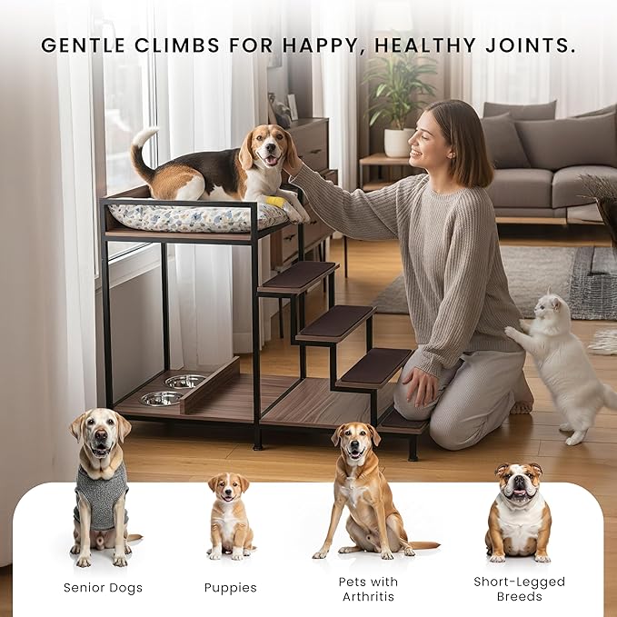 Dog Window Perch with Stairs - Multilevel Perch to Look Out Window with 130 lbs Load Capacity - Pet Bunk Bed with Feeding Station & Anti-Slip Carpet (Walnut Color)