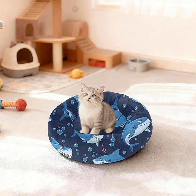 Burbuja Sharks Donut Pet Bed, Calming Soft Dog Bed with Anti-Slip Bottom, Round Cuddler Support for Dogs & Cats, Washable 16 in