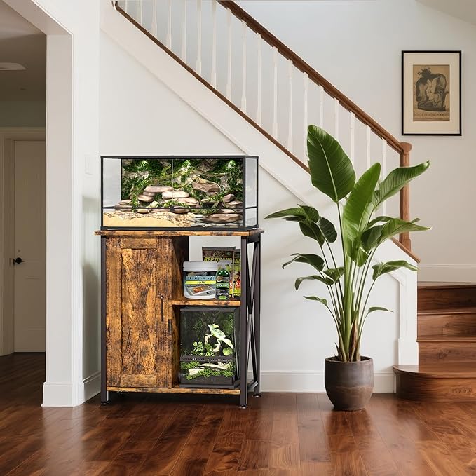 45-67 Gallon Reptile Tank Stand with Power Outlet, Terrarium Stand with Storage Cabinet, 24" Wx18 D Tabletop, Reptile Terrarium, Rustic Brown PG12XYN