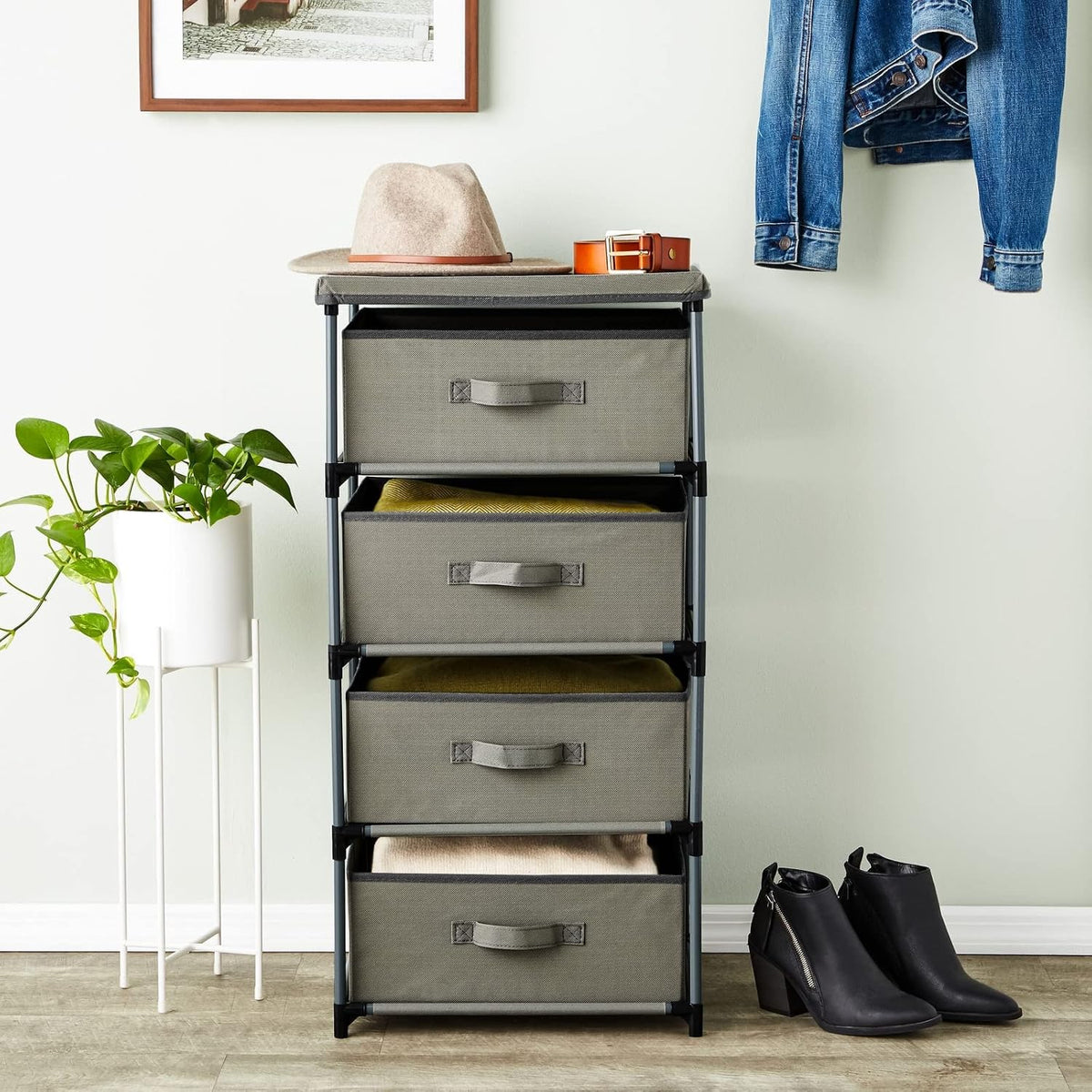 Juvale 4-Tier Dresser for Office - 16.5 in x 13 in x 33 in, Light Gray Fabric, 4 Drawers - Narrow Organizer with Storage Drawers - Steel Frame & Easy Assembly