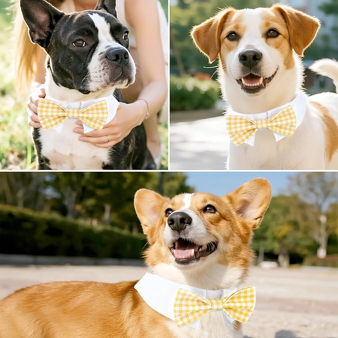 Segarty Dog Bow Tie, Adjustable Yellow Plaid Bowtie Collar for Neck Girth 10.2-12.6in, Medium Neck Tie Tuxedo Comfortable Cotton Boy Pet Grooming Accessory for Formal Wedding Holiday Birthday Party