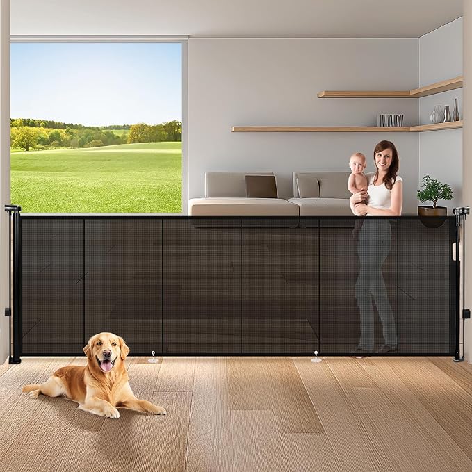 120" Extra Wide Retractable Baby Gates Mesh Gate, Long Retractable Dog Gate for Large Opening, 42" Extra Tall Child Safety Gate Pet Gate with Support Rods for Stairs Hallways Doorways Indoor Outdoor