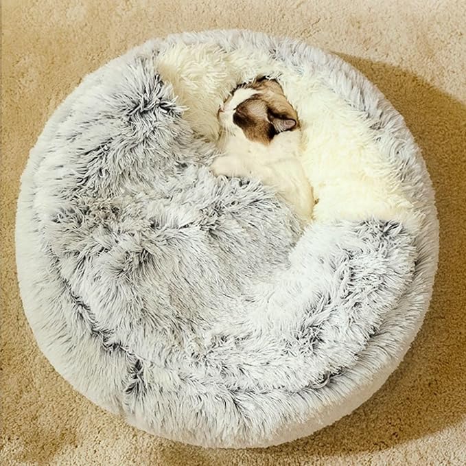 Plush Fluffy Dog and Cats Round Bed – Ultra-Soft Faux Fur Pet Shell Nest with Raised Bolster Edge, Self-Warming Calming Nest for Small to Large Pets (Coffee, Large（26”）)