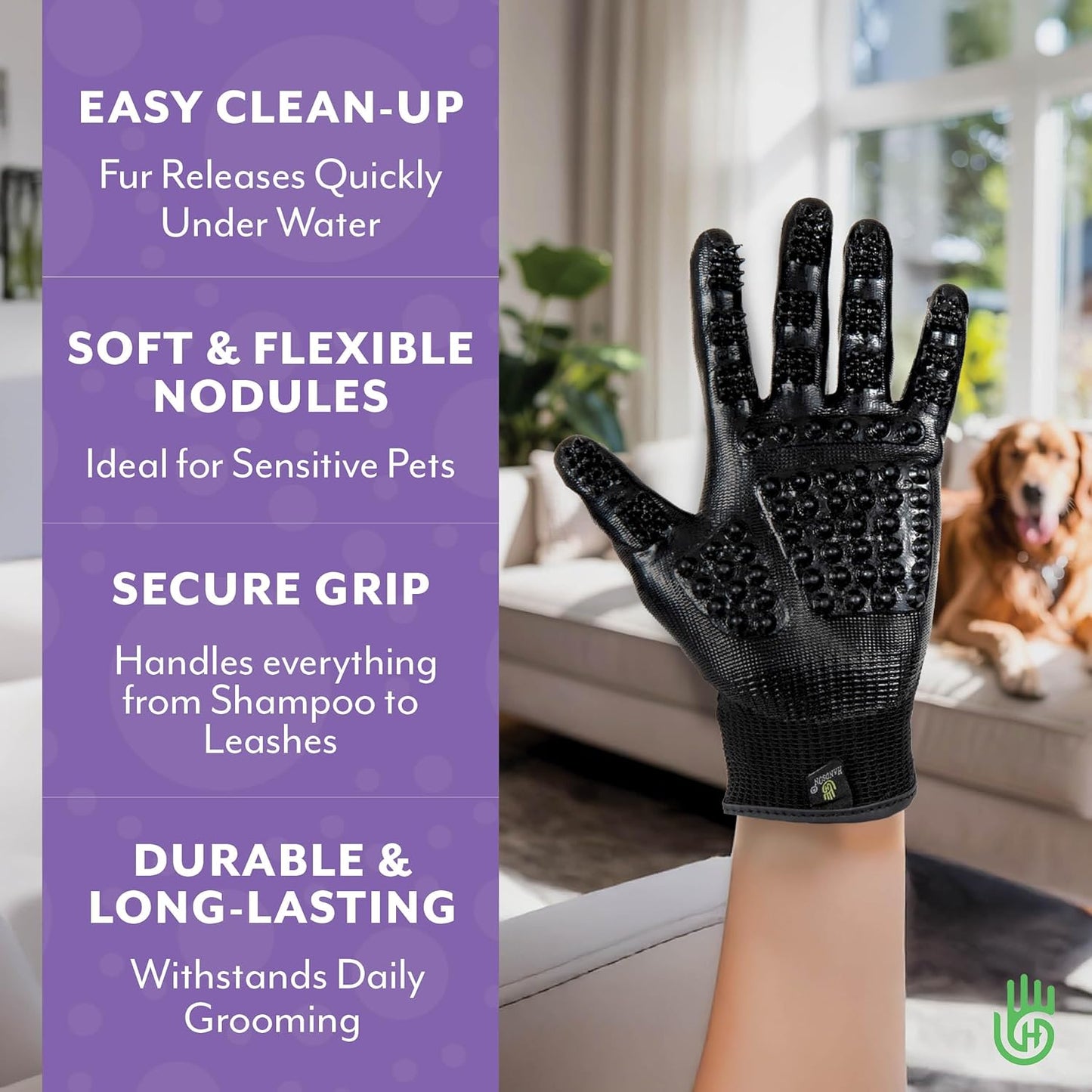 H HandsOn Pet Grooming Gloves - Patented #1 Ranked, Award Winning Shedding, Bathing, & Hair Remover Gloves - Gentle Brush for Cats, Dogs, and Horses (Mono Purple, Junior)
