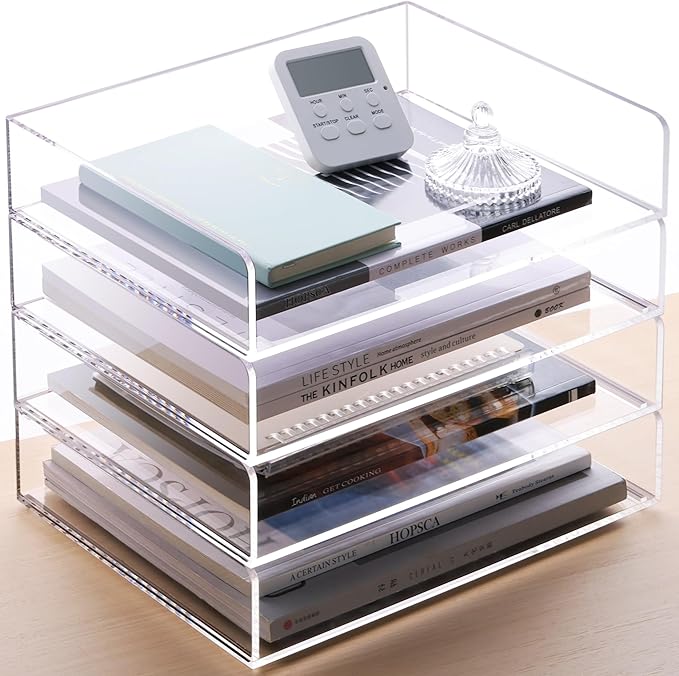 SANRUI Acrylic Stackable Letter Tray Clear Desk Paper Organizer 4-Tier Desk File Organizer Paper Sorter Holder Document Shelf Tray for Letter/A4,4-Pack
