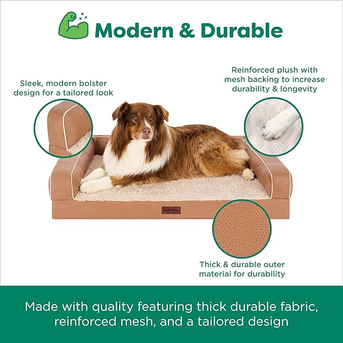 Furhaven Cooling Dog Sofa Bed – Memory Foam Couch with Bolsters, Textured Plush & Water-Resistant Cover, Washable Cover - Camel, Medium