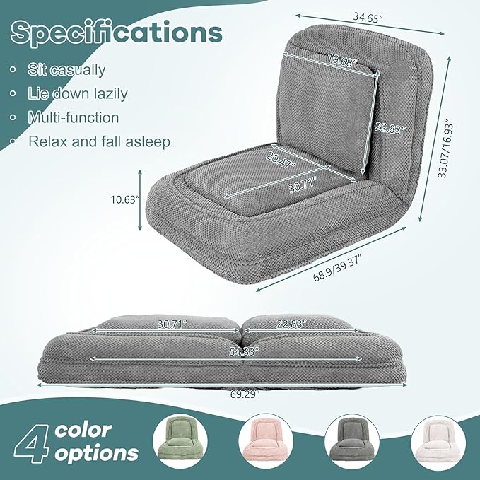Human Dog Bed for Adults & Pets, 5-Position Adjustable Floor Chair, Convertible Lazy Sofa Bed with Metal Frame & 2 Pillows, Plush Gaming Lounge for Living Room Bedroom Office (Gray)