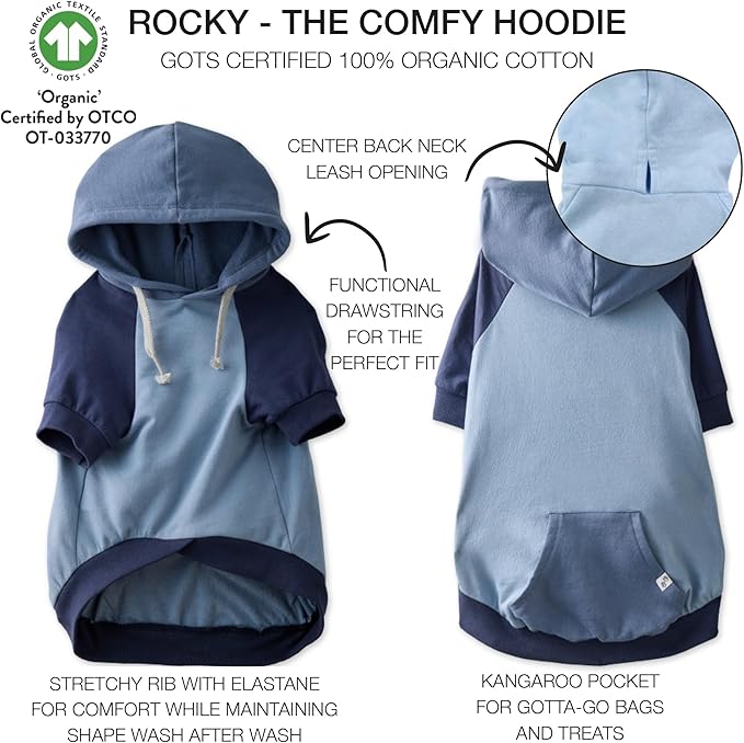 Rocky – The Orginal Lightweight Hooded TEE 100% Organic Cotton Dog Hoodie Pet Coat Sweater for Small, Medium, Large Dogs, Navy Color Block, Small