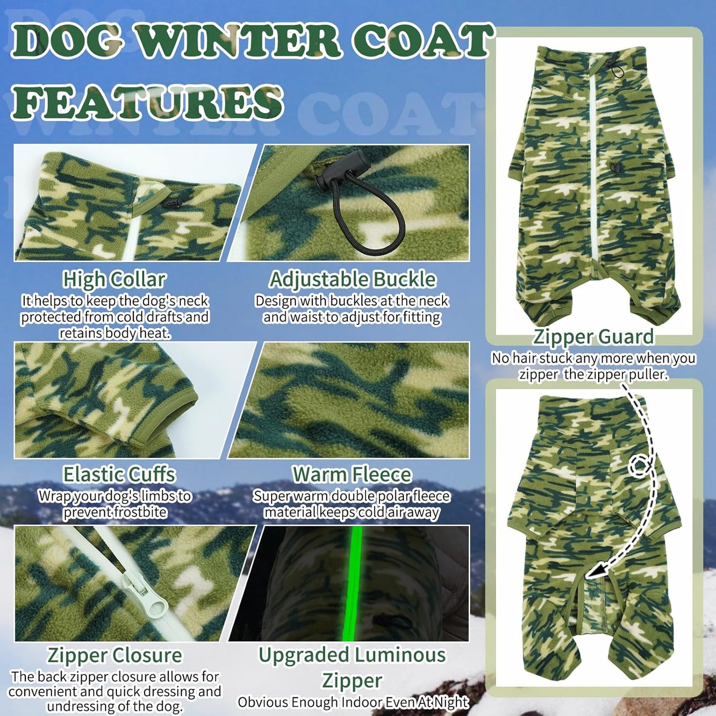 ROZKITCH Dog Long Sleeve Pajamas, Pet Windproof Warm Cold Weather Jacket Vest with Luminous Zipper, Jumpsuit Apparel Outfit Clothes for Small Medium Large Dog Camo 2XL
