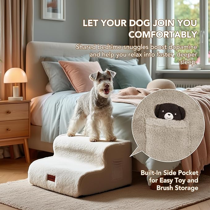 PETNOVO Ultra-Soft Rabbit Fur-Like Dog Stairs for Couch/Bed, Luxury Comfort 2-Step for Small & Senior Dogs, Non-Slip, Removable Washable Cover, OEKO-TEX Certified, 15.7"D x 15.7"Wx 11.8"H, Off White