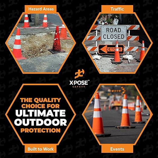 Xpose Safety 28 Inch Orange Slim Line Traffic Cones Heavy Duty 10lb with 6" & 4" Collars, 1 Pack Multipurpose PVC Plastic Safety Cone for Parking, Soccer, Caution, Kids & Construction - DOT Approved