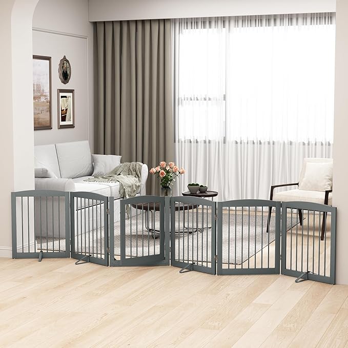 Freestanding Pet Gates with Walk Through Door, Dog Indoor Fence, Dog Gate for The House, Doorway, Stairs, Extra Wide Pet Gate, Support Feet Included, 120 Inch Wide, 6 Panels 24" Tall, Gray