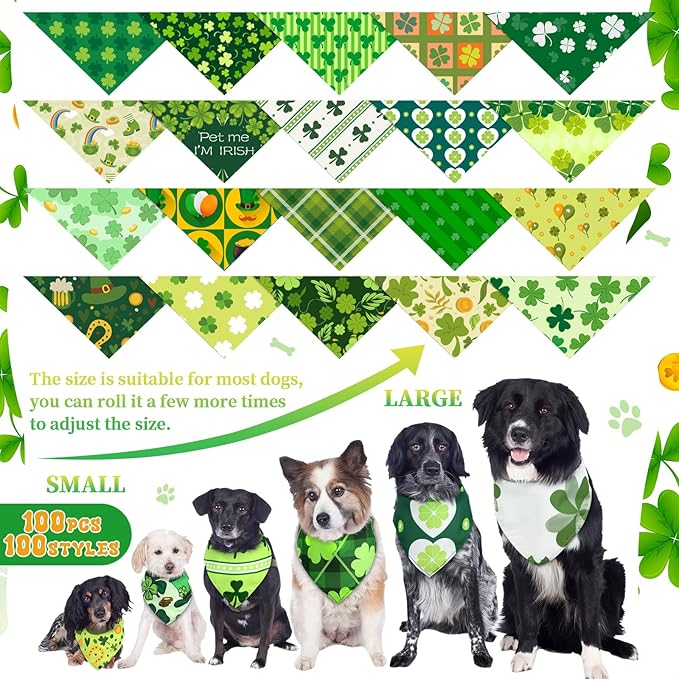100 Pcs St. Patrick's Day Dog Bandanas Irish Pet Bandanas Bulk Holiday Green Four Leaf Clover Triangle Pet Bibs Scarf for Medium Large Dog St. Patricks Day Irish Festival Costume Decor