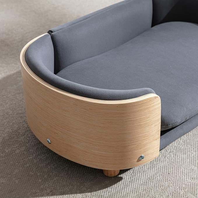 Scandinavian Style Elevated Dog Bed Pet Sofa with Solid Wood Legs and Bent Wood Back, Velvet Cushion, Small Size, Natural Frame & Dark Grey Cushion
