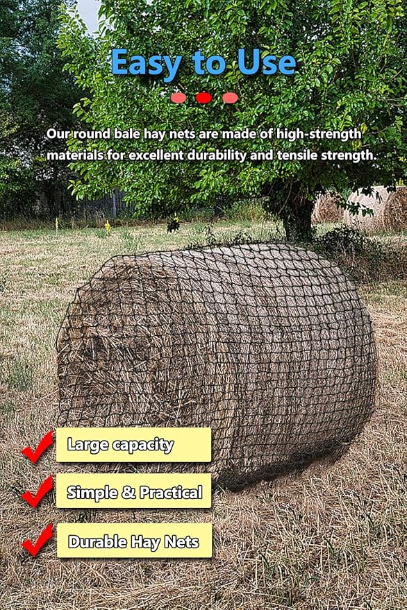 6 * 6ft Heavy Duty Slow Feeding Horse Hay Net - 1.75-inch knotless Design Saves 60% hay, 800 lbs Weatherproof Round Bale Feeder for Cattle/Goats/Sheep (6ft)