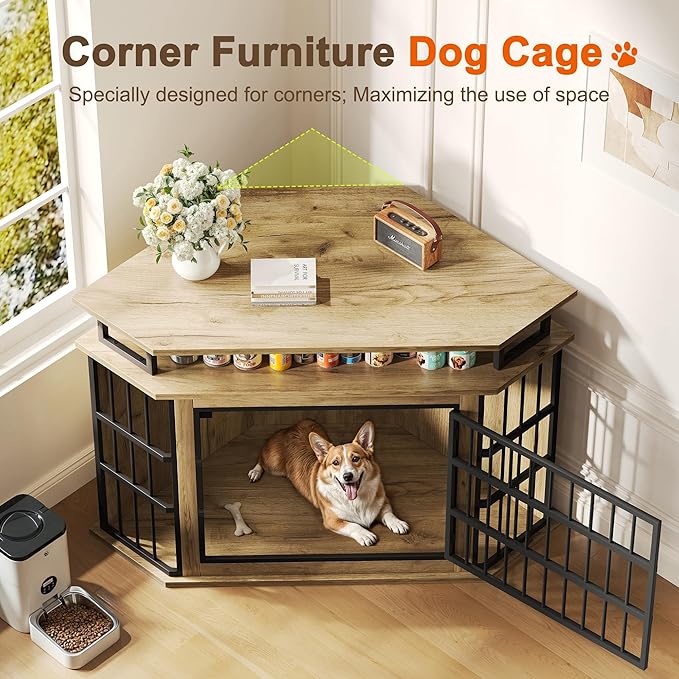 51" Corner Dog Crate Furniture, Wooden Dog Kennel Furniture with 2-Tier Shelves, Decorative Wood Dog House for Small/Medium/Large Dog, Space-Saving Dog Cage for TV Stand（Oak）