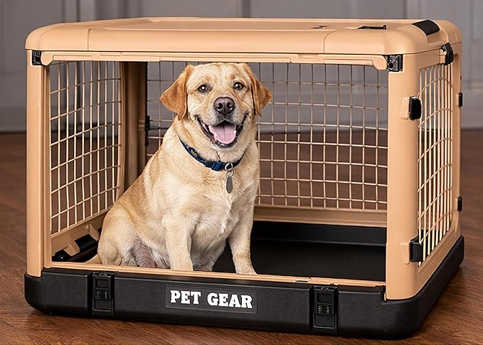 Pet Gear “The Other Door” 4 Door Steel Crate for Dogs/Cats with Garage-Style Door, Includes Plush Bed + Travel Bag, No Tools Required, Sand Dune, 36 Inch