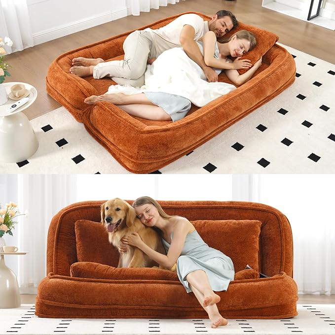 Double Human Dog Bed for Adult and Kids, Comfy Foldable Lazy Floor Loveseat Sofa Bed with 5 Adjustable Position, Upholstered Floor Bean Bag Lounger Chair for Bedroom, Living Room,Office (Orange.)