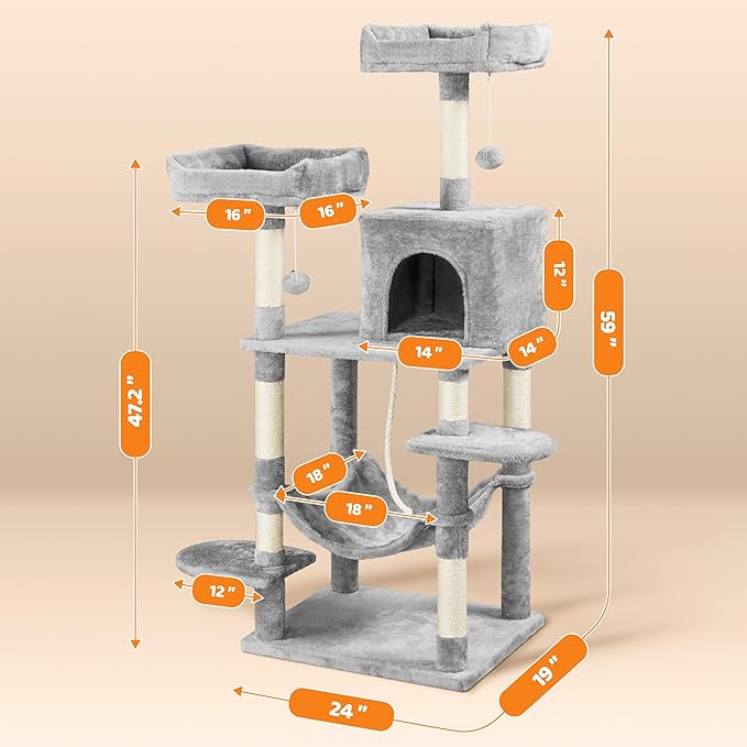Yaheetech 59in Cat Tree for Multiple Cats, Multi-Level Activity Tower w/Hammock, Condo, Perches, Extended Platforms for Climbing & Jumping –Heavy Duty Cat Tower w/Scratching Posts & Dangling Balls
