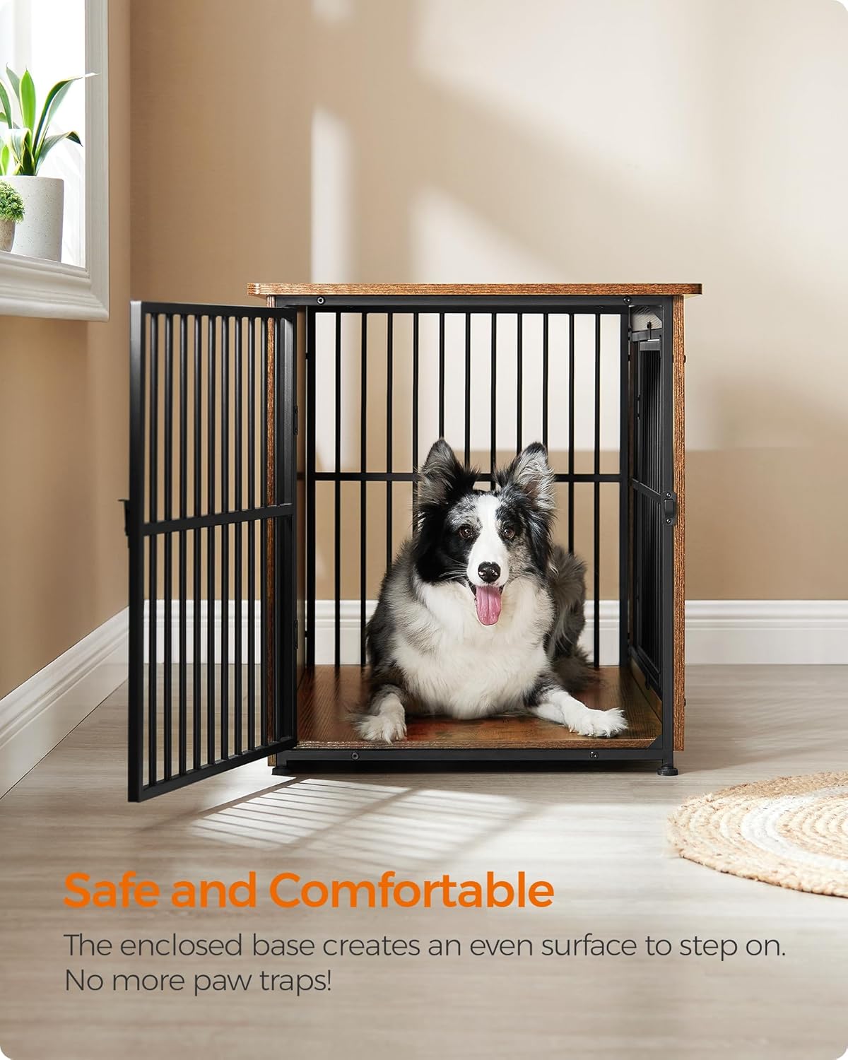 Feandrea Dog Crate Furniture, 38.6" Side End Table, Modern Kennel for Dogs Indoor up to 70 lb, Heavy-Duty Dog Cage with Enclosed Base, Double-Door Dog House, Rustic Brown UPFC023X01