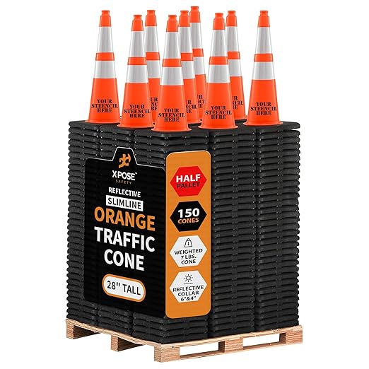 Xpose Safety 28 Inch Orange Slim Line Traffic Cones with 6" & 4" Collar - Bulk Half Pallet 150 Pack - Multipurpose PVC Plastic Safety Cone for Parking, Caution, Kids & Construction - DOT Approved