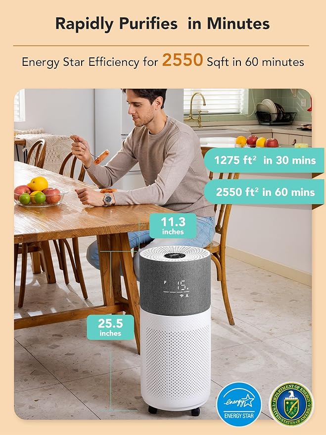 CleanForce Air Purifiers for Home Large Room Up to 2550 ft², H13 HEPA Air Cleaner Works with Alexa for Dust, Allergens, Pollen, Pet Hair Dander, Odors, CERTIFIED asthma & allergy friendly, Rainbow