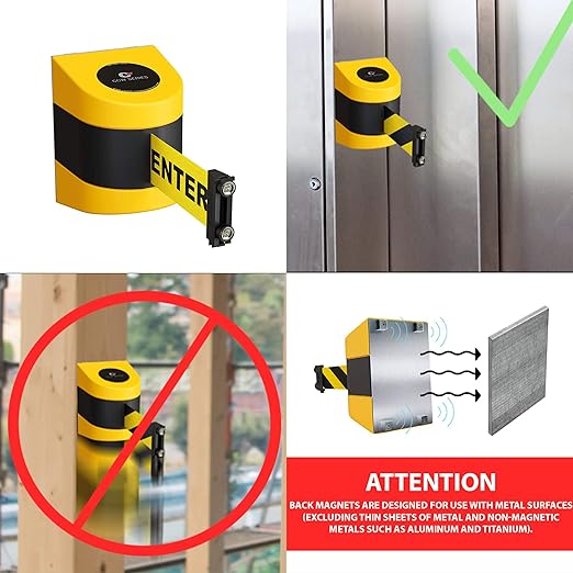 Crowd Control Warehouse - CCW Series WMB-230 Magnetic Wall Mount Retractable Belt Barrier - 30 Foot Belt, Blue and White Diagonal Belt with Yellow ABS Case