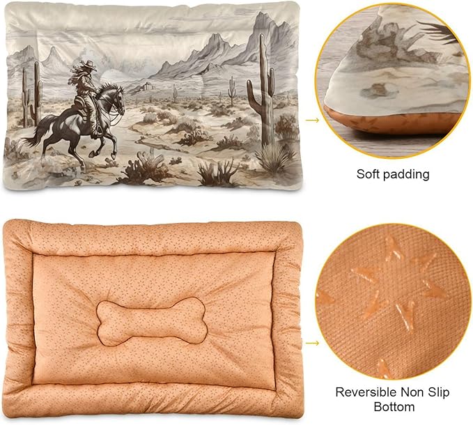 Western Desert Cowboy Dog Bed Cat Bed with Non-Slip Bottom, Kennel Bed Crate Soft Pet Bed Mattress Washable Pets Bed Pad for Small Medium Large Dogs Cats,36x24in