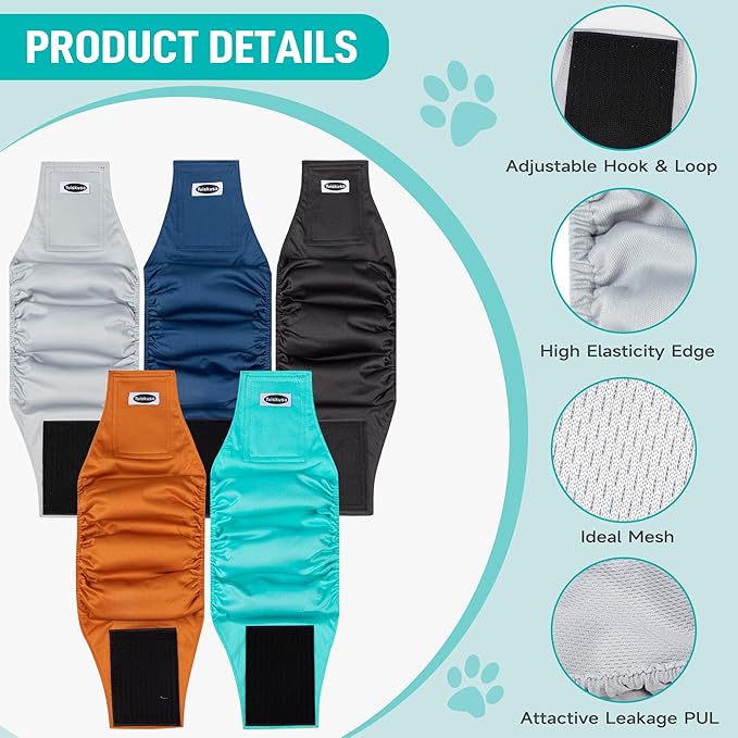 Male Dog Diapers, High Absorbing Dog Belly Bands for Male Dogs, Washable Reusable Dog Male Wraps(5 Pack) (X-Small, Solid Color 5-Pack)