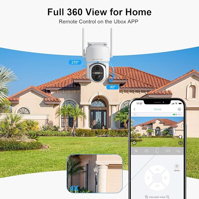 HOSAFE.COM Home Security Cameras Wireless Outdoor, Outdoor Camera Wireless WiFi, 360 Camera Solar Powered, PTZ, PIR Sensor, 2K HD Color Night Vision, 2-Way Talk, IP66 Waterproof, 2 Pack