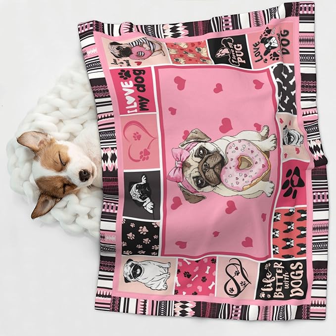 Pug Blanket for Pet - Pink Throw Blanket 40x30 Paw Print Couch Blankets for Puppy Dogs Cats