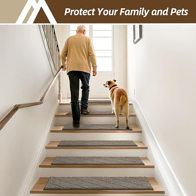 COSY HOMEER Stair Treads for Wooden Steps 9"x28" Washable Indoor Carpet Stair Treads Non Slip Soft Polyester Stair Carpet Tread Reusable Stair Runner Rugs for Kids, Elders,Pets,Light Brown,10pcs