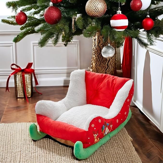 Christmas Sleigh Dog Bed, Red Cat Pet Bed, Washable and Highly Durable Indoor/Outdoor, Holiday Themed (A)