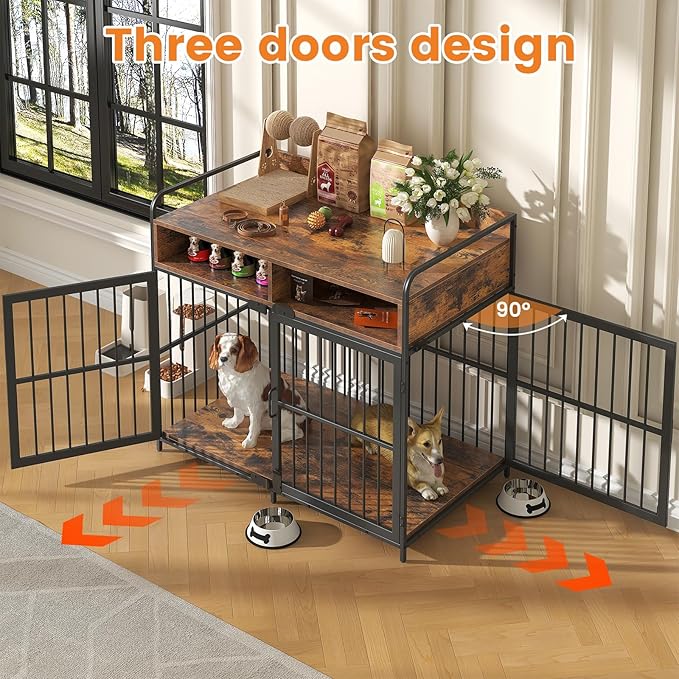 Large Furniture Dog Crate, Dog Kennel Indoor, Wood Dog Cage Table with Drawers Storage, Heavy Duty Dog Crate, Jaula para Perros, Sturdy Metal, 40.5" L×23.6" W×35.4" H, Rustic Brwon