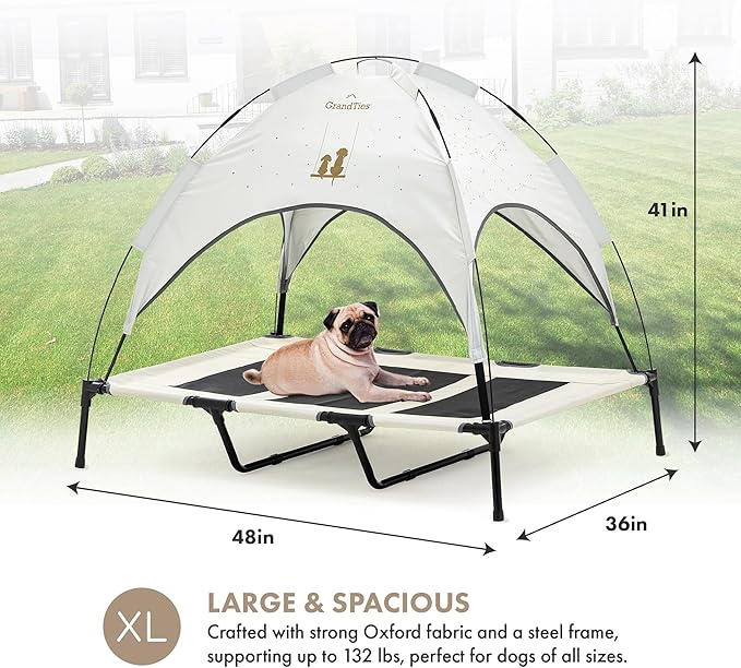 GrandTies Cooling Elevated Dog Bed with Canopy – XL Portable Pet Cot for Outdoor & Indoor Use – Waterproof Removable Shade, Breathable Mesh, Slip-Resistant Feet, Easy Assembly – Ivory White