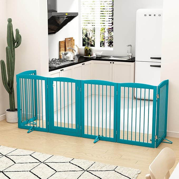 Freestanding Pet Gate with Door, Tall Dog Gate for House, Extra Wide, Pet Puppy Safety Fence, Support Feet Included, 120 Inch Wide, 6 Panels 32" Tall, Blue
