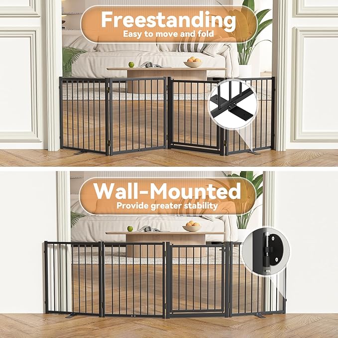 Full Metal Freestanding Dog Gate with Door, 24'' Height Foldable Pet Dog Fence for Indoor & Outdoor, 4 Panels Extra Wide Free Standing SmallDog Gates for Doorways,House,Stairs,Porch,Deck,Yard