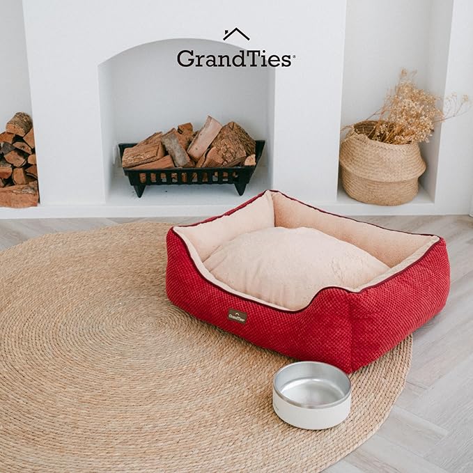 GRANDTIES Fluffy Dog Beds for Small Medium Large Dogs & Cats, Machine Washable Dog Bed, Rectangle Breathable Soft Calming Sleeping Warming Pet Beds with Waterproof & Non-Slip Bottom (M 34", Cherry)
