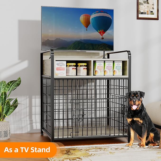 Small Dog Crate Furniture with Drawers Storage, Puppy Dog Kennel Indoor with Double Doors, Heavy Duty Wooden Dog Cage Table, Sturdy Metal, Gray
