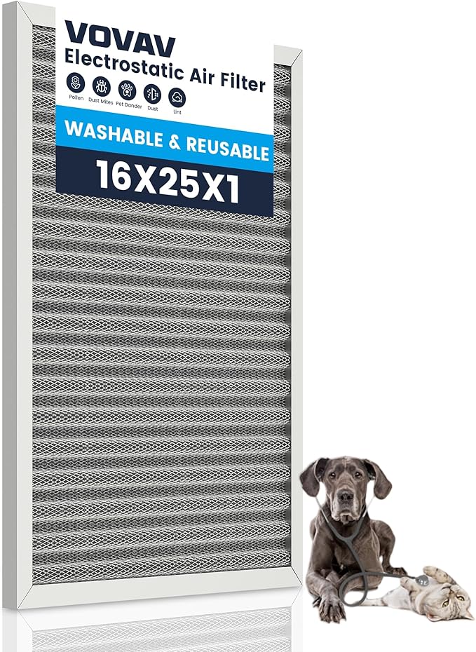 16x25x1 Air Filter-MERV 8, Washable & Reusable Electrostatic Filter, AC/HVAC