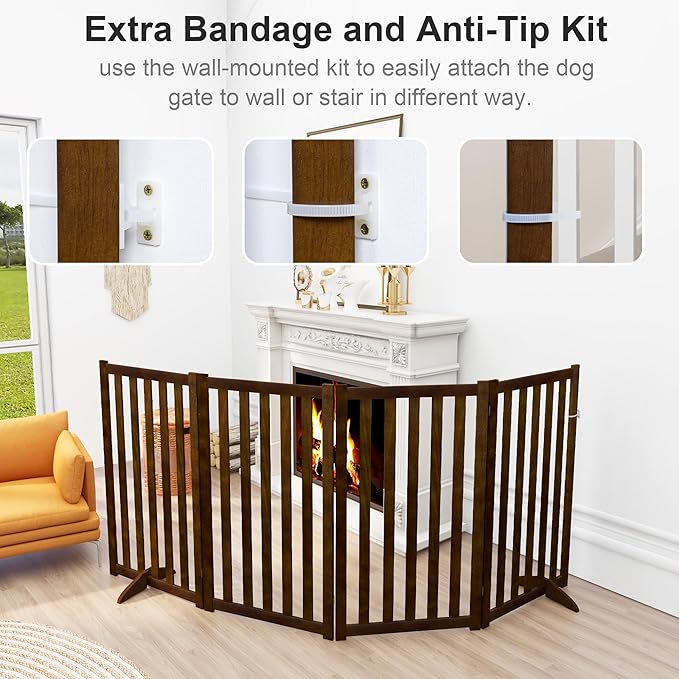 36" Height Extra Tall Freestanding Pet Gate, Solid Wood Folding Safety Fence Wooden Dog Gate with 2 PCs Support Feet Ideal for Stairs, Doorways, Halls, Kitchens, Heavy Duty Gates, 4 Panels, Walnut