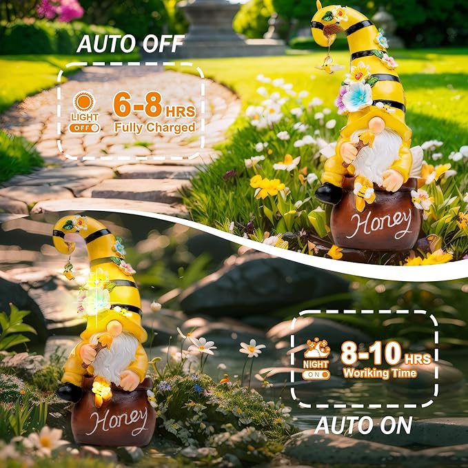 Birthday Gifts from Daughter Son - 13" Garden Solar Spring Gnomes Statues Outdoor Spring Decor with LED Lighted Bee and Flowers Funny Garden Sculpture for Patio Yard Lawn Decorations Gifts