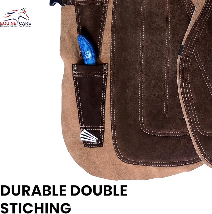 Equine Care Farrier Apron Chaps – Cowhide Suede Leather, Foam Padded Thigh and Back Support, Adjustable Waist, Tool Pockets, Magnetic Nail Holders (29 inches (70 cm))