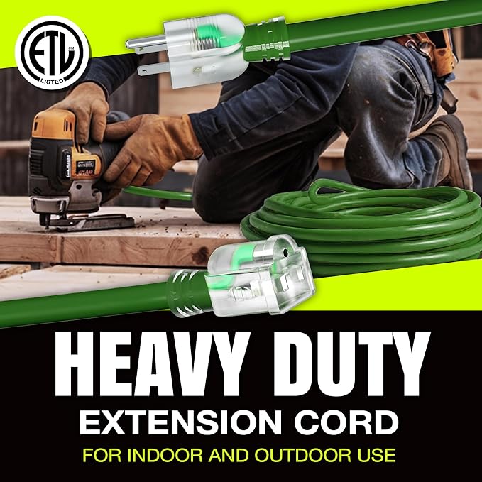 75ft Outdoor/Indoor Extension Cord 16/3 Gauge Heavy Duty 3 Prong SJTW, Waterproof, ETL Listed, Flexible Cold-Resistant Long Power Cord,10A 125V 1250W, Green by LifeSupplyUSA